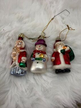Holiday Glass Ornaments Set of 3 - Red, Green & Pearl Snowman and Santas